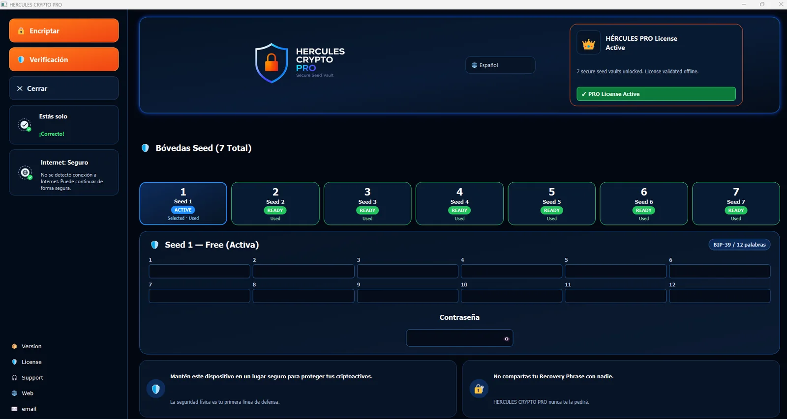 HÉRCULES CRYPTO PRO con siete bóvedas de semillas